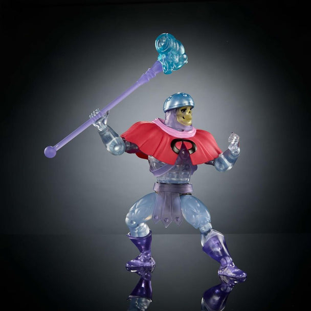 Vue de profil de la figurine Skeletor Invisible Masters of the Universe Origins avec articulation visible