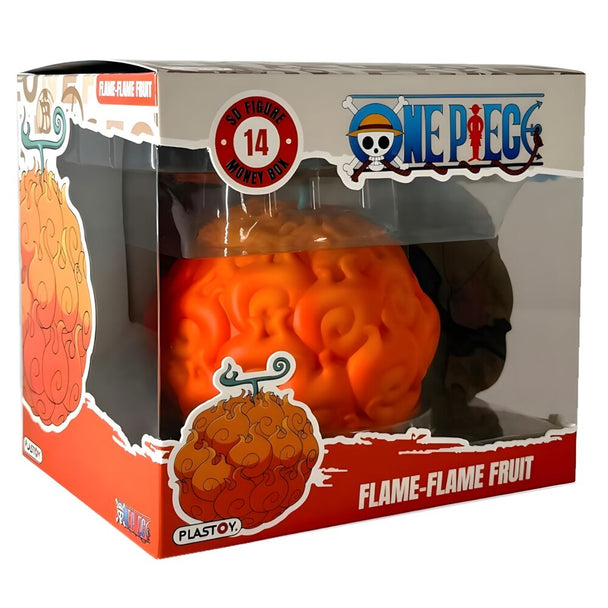 Détail de la tirelire One Piece PLASTOY montrant la texture et la peinture du Fruit du Démon Flamme