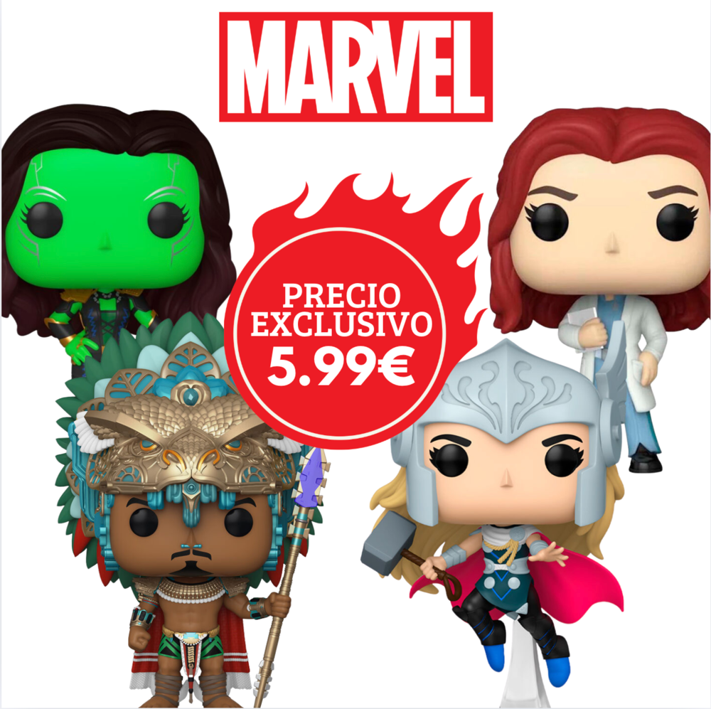 Pack de figurines Funko POP Marvel montrant plusieurs personnages emblématiques de l'univers Marvel dans un style pop art.