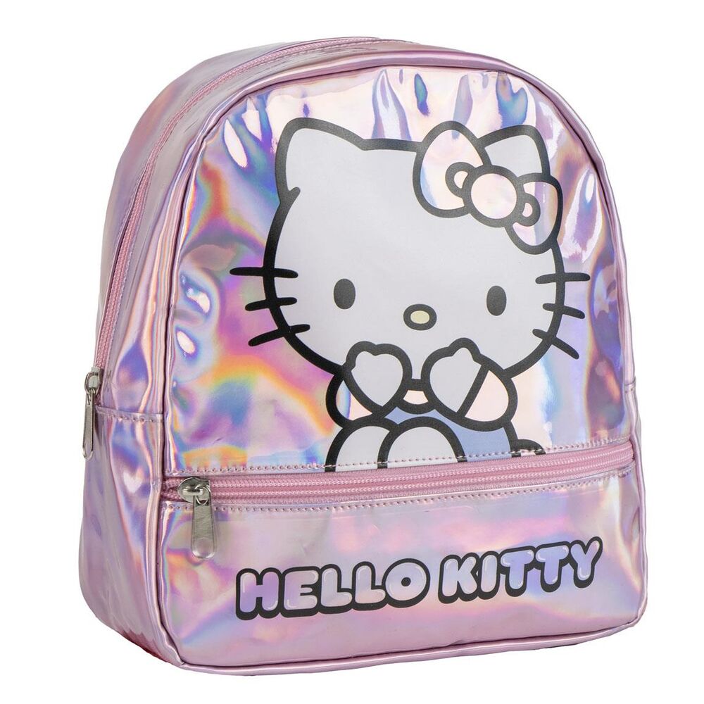 Sac à dos Hello Kitty CERDÁ, vue de face, montrant le design adorable du personnage avec un fond rose et des détails soignés.