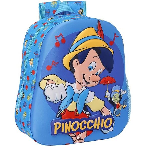 Sac à dos Disney Pinocchio 3D SAFTA avec design thermoformé en relief sur fond bleu