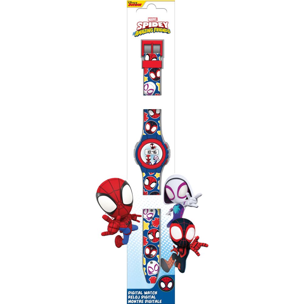 Vue rapprochée de la montre digitale Marvel Spidey and His Amazing Friends montrant les détails du cadran et du bracelet