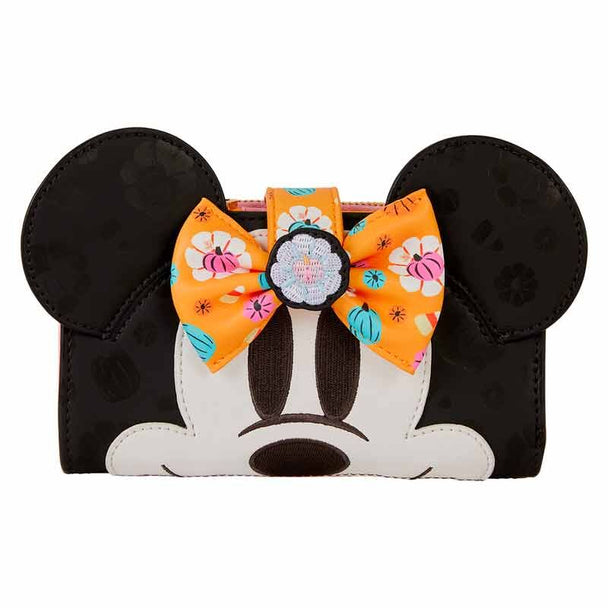 Portefeuille Loungefly Disney Minnie Mouse en forme de citrouille vue de face avec détails colorés