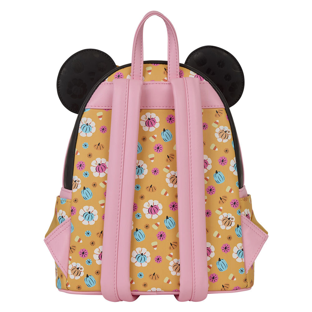 Détail du motif citrouille et visage de Minnie sur le sac à dos Loungefly en gros plan