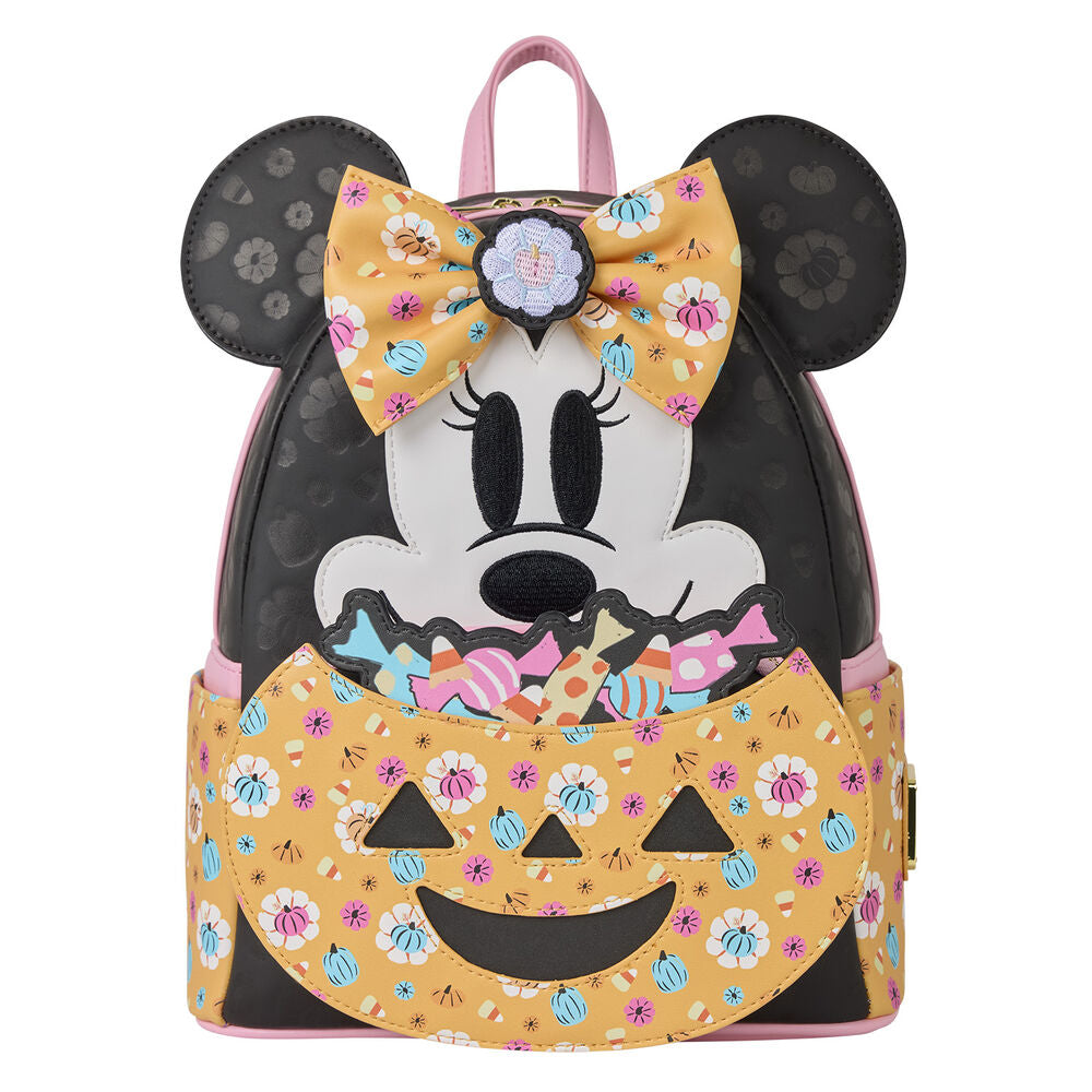 Vue avant du sac à dos Loungefly Disney Minnie citrouille avec détails colorés et logo Minnie