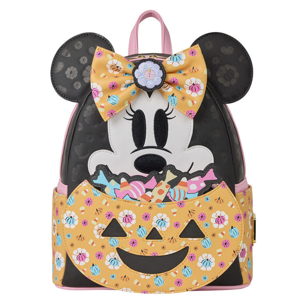 Vue avant du sac à dos Loungefly Disney Minnie citrouille avec détails colorés et logo Minnie