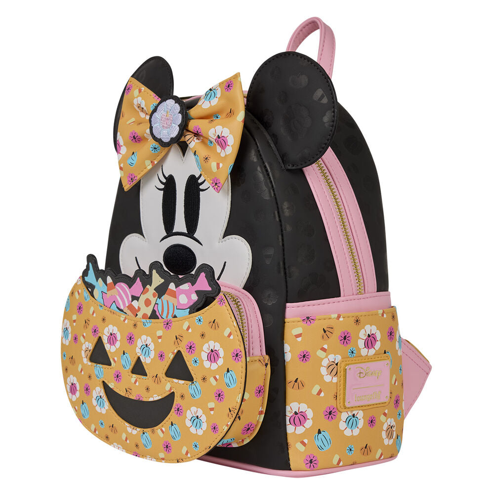 Image du sac à dos Disney Minnie citrouille ouverte révélant les compartiments intérieurs spacieux