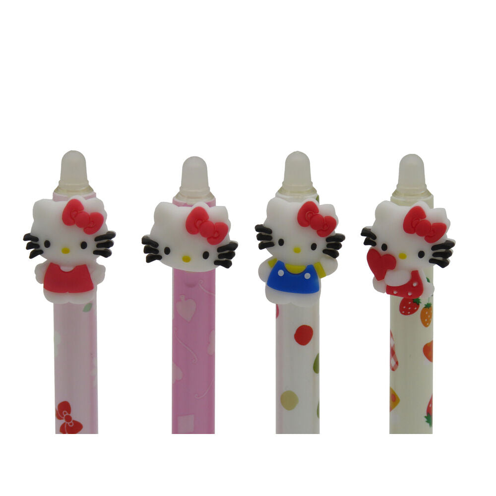 Ensemble de trois stylos Hello Kitty multicolores alignés sur une surface claire