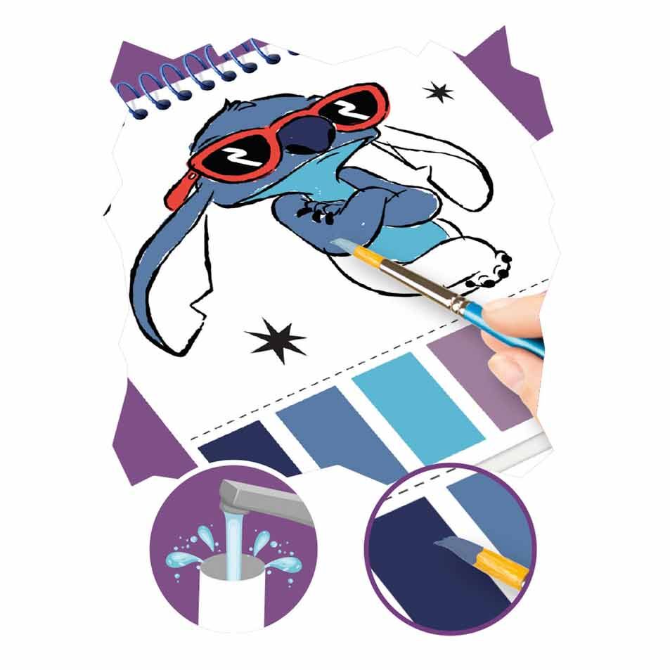 Palette de 6 aquarelles et pinceau inclus dans le kit de dessin Disney Stitch