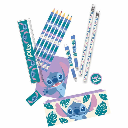 Trousse ouverte du set papeterie Disey Stitch montrant tous les accessoires inclus, taille-crayon et gomme visibles