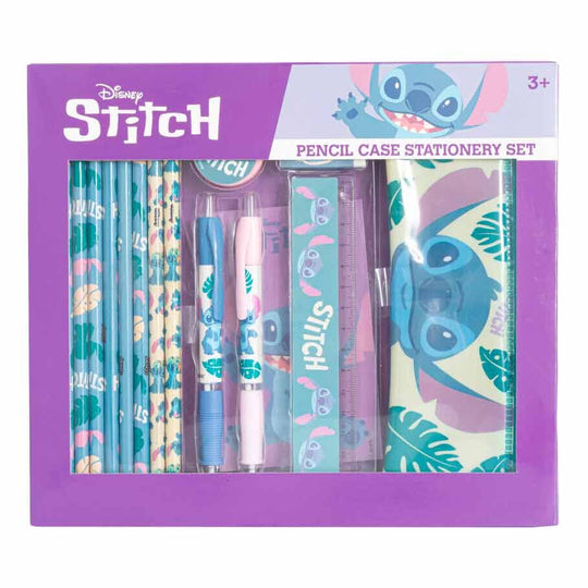 Set papeterie Disey Stitch 14 pièces avec carnet, crayons et trousse vue de face sur fond blanc