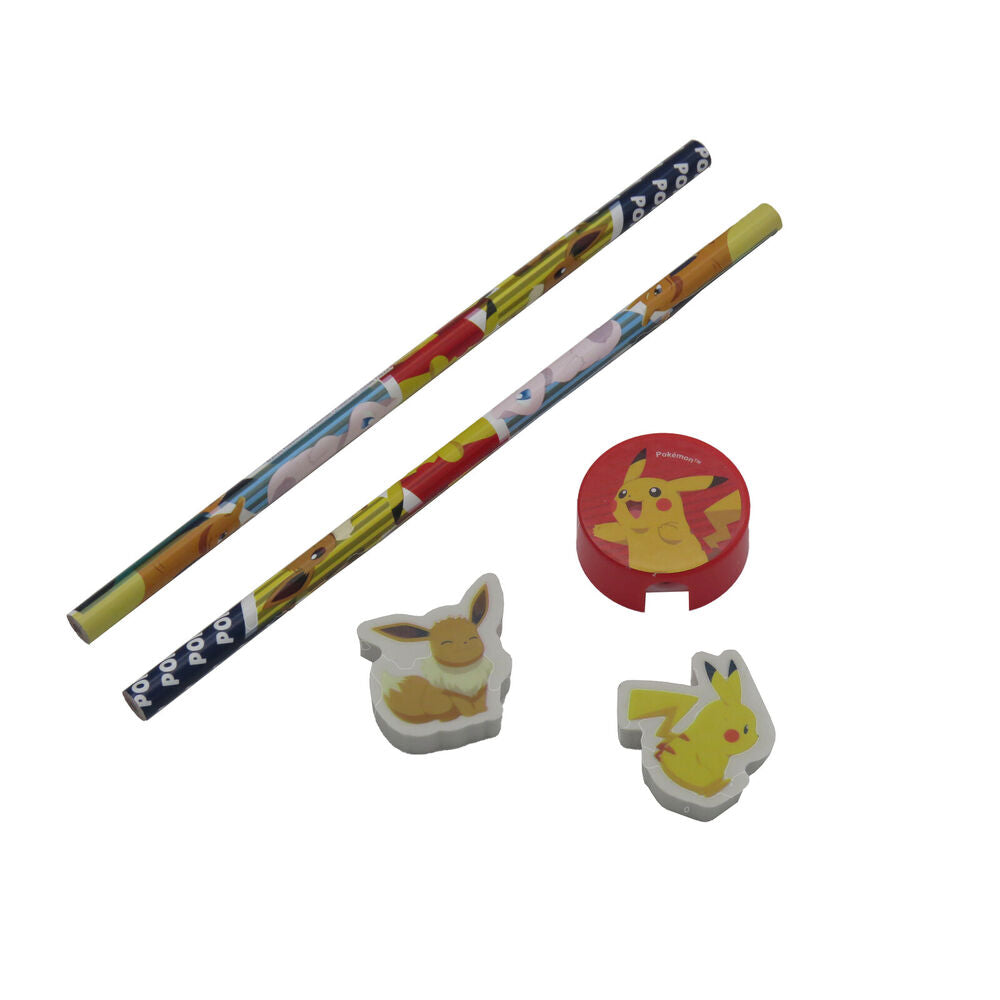 Détail des crayons, gomme et taille-crayon inclus dans le set de papeterie Pokémon CYP BRANDS