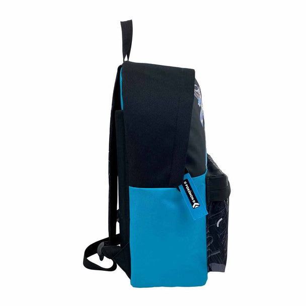 Vue latérale du sac à dos Pokémon Geo montrant la poche en maille renforcée pour bouteille