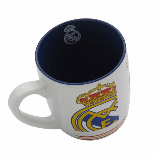 Vue latérale du mug Real Madrid montrant les couleurs bicolores distinctives
