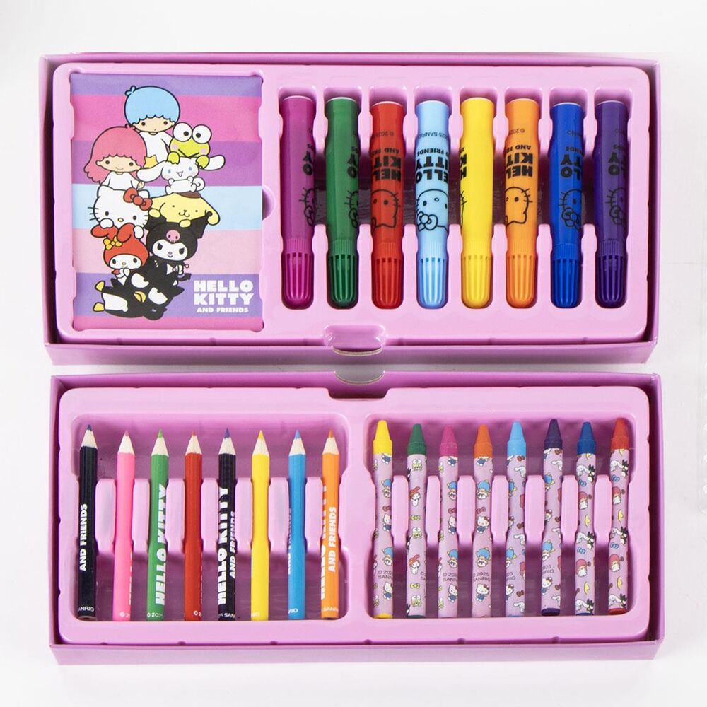 Trousse Hello Kitty à colorier posée sur un bureau avec fournitures scolaires autour