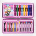 Trousse Hello Kitty à colorier posée sur un bureau avec fournitures scolaires autour
