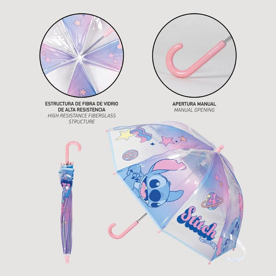 Parapluie transparent en forme de bulle avec motif Stitch de Disney vu de face
