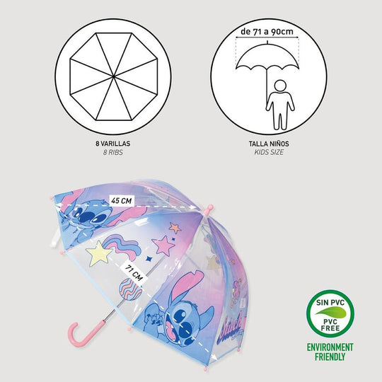 Vue latérale du parapluie bulles Disney Stitch avec structure métallique apparente