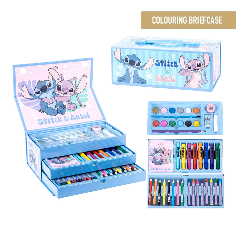 Gros plan sur les accessoires de coloriage inclus dans la trousse Disney Stitch CERDÁ
