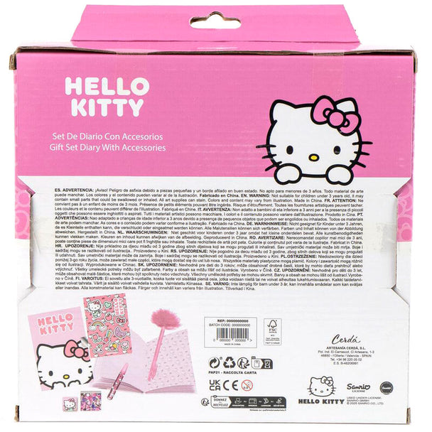 Vue de face du set Hello Kitty Diary CERDÁ avec couverture rose et motifs colorés, dimensions 23,5x25x5,5cm