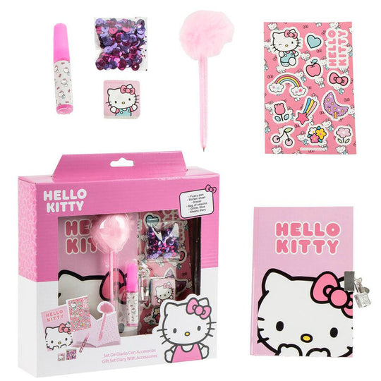 Présentation du set complet Hello Kitty Diary CERDÁ incluant cahier et accessoires assortis sur fond blanc