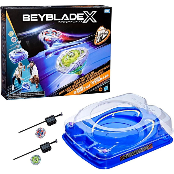 Vue rapprochée de la toupie Beyblade X Drop Attack avec ses détails dynamiques et colorés
