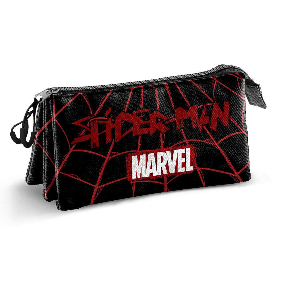 Détail de la fermeture éclair et de la doublure intérieure de la trousse triple compartiments Marvel Spiderman