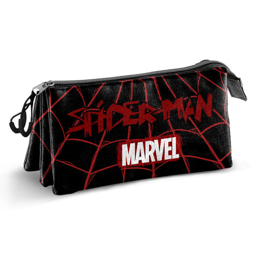 Détail de la fermeture éclair et de la doublure intérieure de la trousse triple compartiments Marvel Spiderman