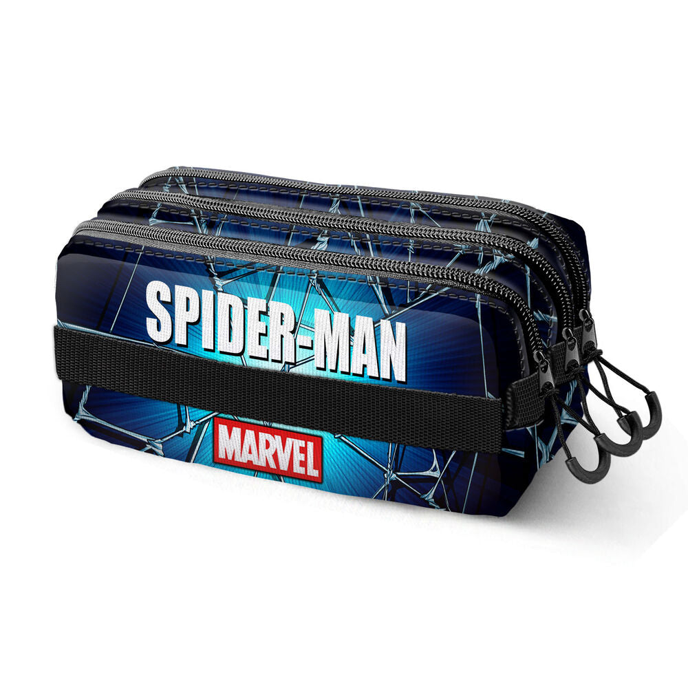 Détail de la trousse Marvel Spiderman Maximum montrant la matière Ripstop résistante et la bandoulière arrière pour trolley.