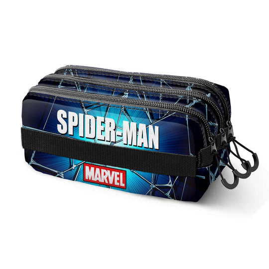 Détail de la trousse Marvel Spiderman Maximum montrant la matière Ripstop résistante et la bandoulière arrière pour trolley.
