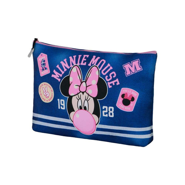 Trousse de toilette Disney Minnie Varsity KARACTERMANIA vue de face avec fermeture éclair fermée et design coloré