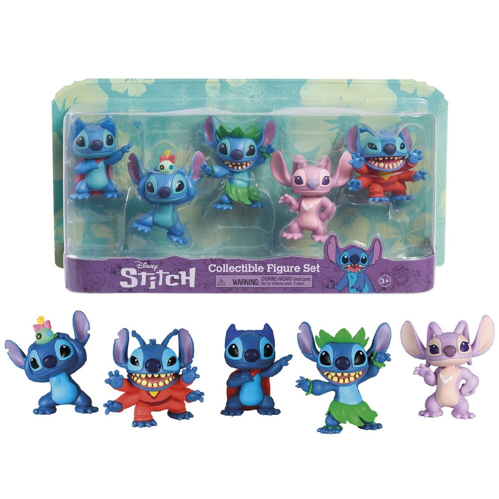 Emballage original du pack 5 figurines Stitch Disney JUST PLAY, prêt à offrir