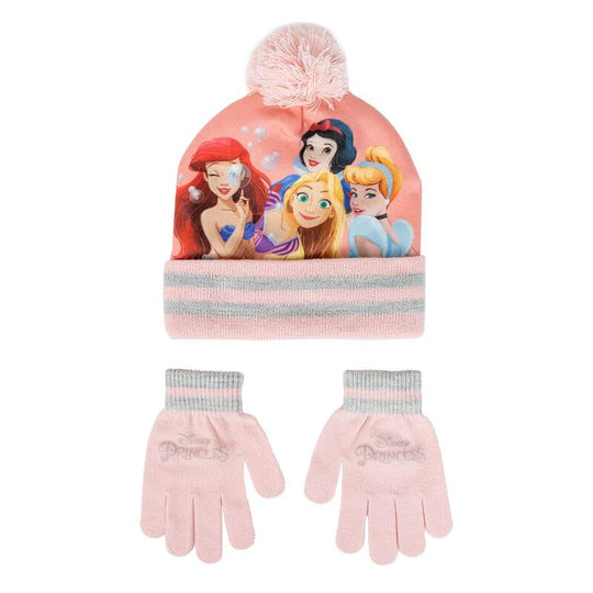Ensemble bonnet et gants Princesse Disney CERDÁ, vue rapprochée du bonnet rose avec motif de princesse, idéal pour l'hiver.