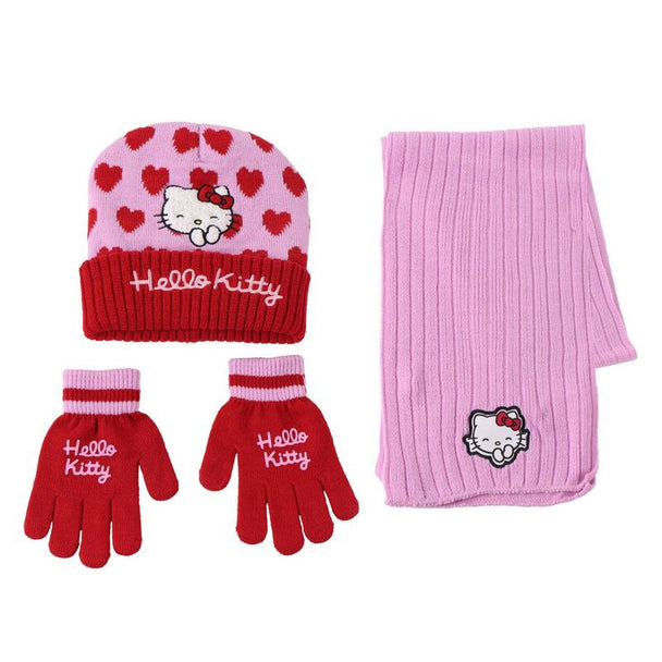 Ensemble hiver Hello Kitty CERDÁ comprenant un bonnet rose avec le visage de Hello Kitty, une écharpe snood et des gants assortis.