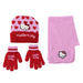 Ensemble hiver Hello Kitty CERDÁ comprenant un bonnet rose avec le visage de Hello Kitty, une écharpe snood et des gants assortis.