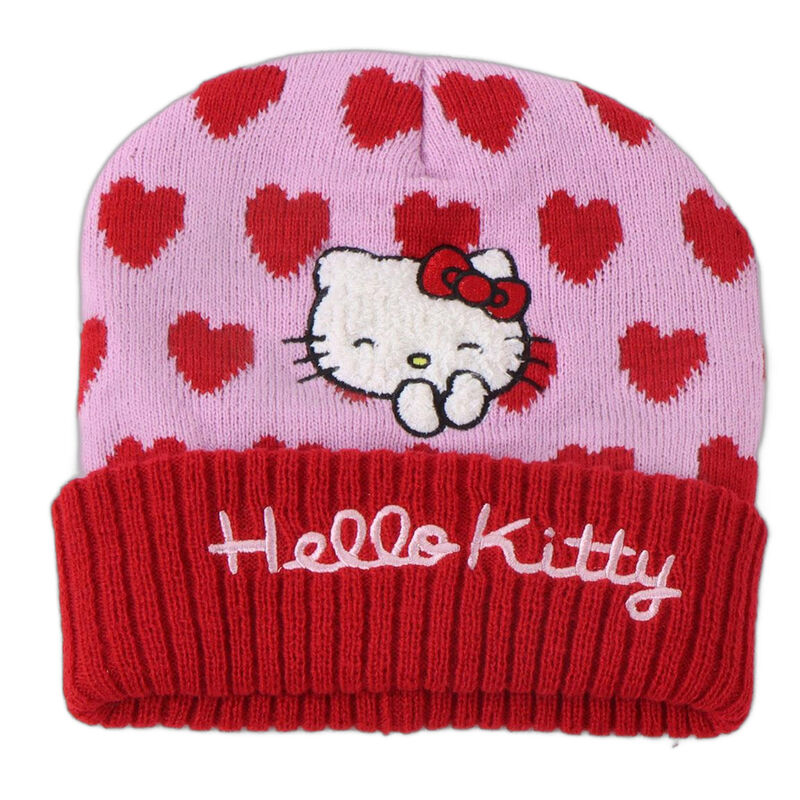 Gros plan sur le bonnet rose Hello Kitty de l'ensemble hiver CERDÁ, montrant les détails du visage brodé de Hello Kitty et les petites oreilles.