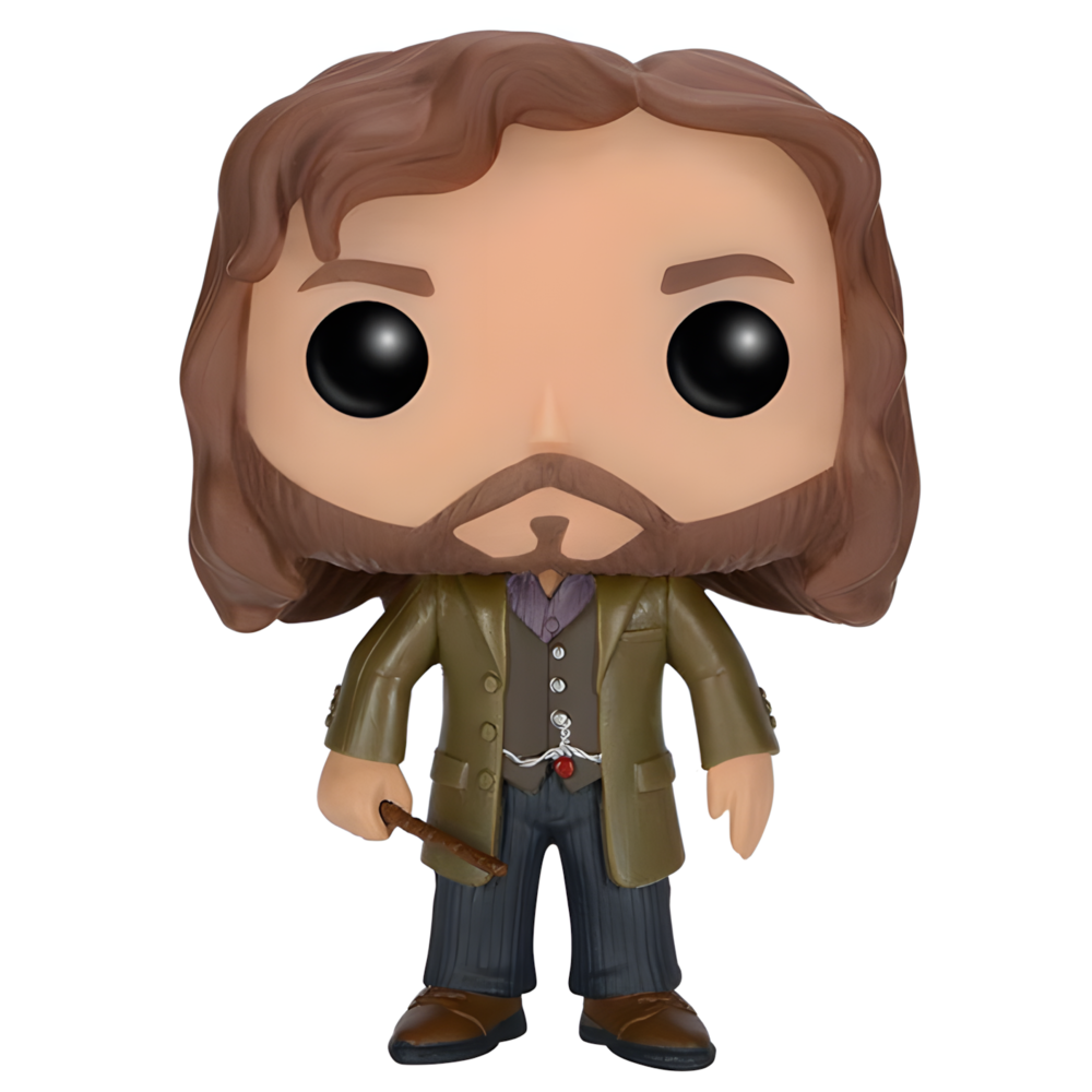Détail de la figurine Sirius Black FUNKO POP avec son manteau noir et ses cheveux longs caractéristiques