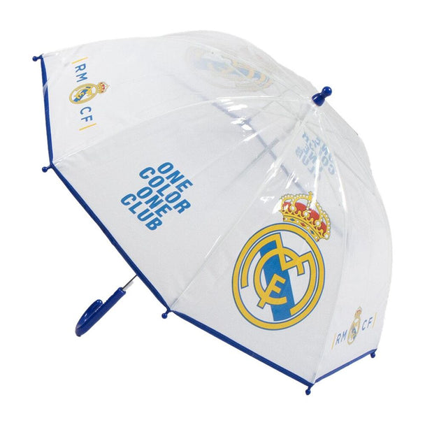 Parapluie manuel Real Madrid CERDÁ ouvert, montrant le logo officiel du club sur fond blanc