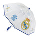 Parapluie manuel Real Madrid CERDÁ ouvert, montrant le logo officiel du club sur fond blanc
