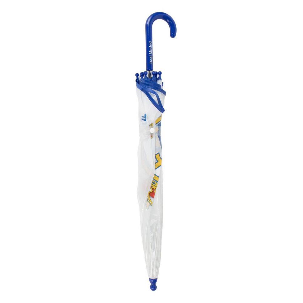Vue latérale du parapluie Real Madrid fermé, compact et prêt à être rangé