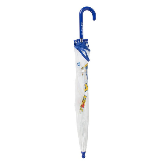 Vue latérale du parapluie Real Madrid fermé, compact et prêt à être rangé