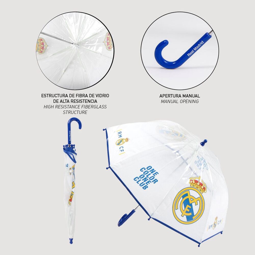 Motif complet du parapluie Real Madrid avec les couleurs et emblèmes du club sur chaque panneau