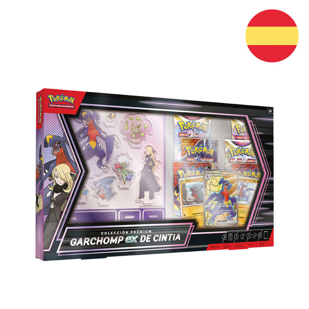 Vue du blister complet du set Pokémon Garchomp ex Cynthia en espagnol avec cartes et accessoires visibles