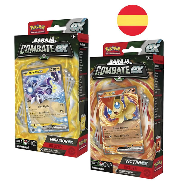 Boîte du deck de combat Pokémon Spanish avec les cartes Victini ex et Miraidon ex, produit officiel BANDAI, 60 cartes pour enfants de plus de 6 ans.