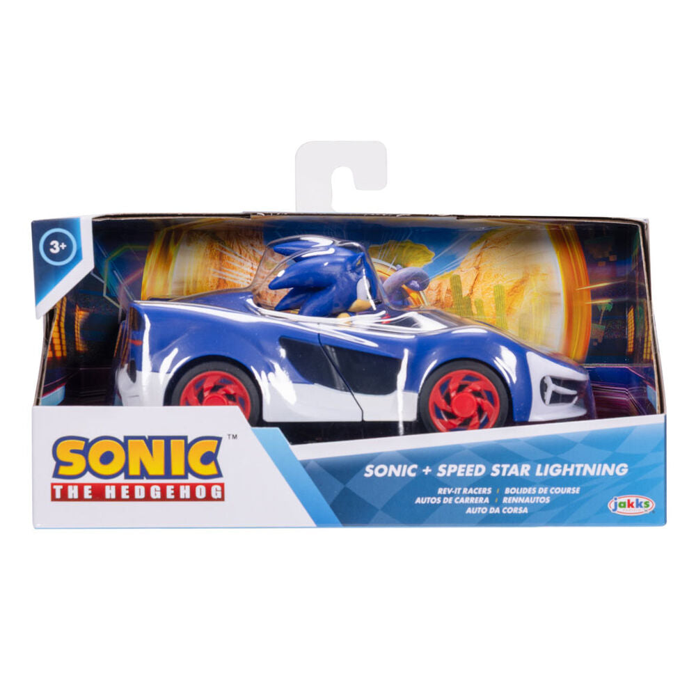 Figurine Sonic the Hedgehog posée à côté du véhicule assorti sur une table