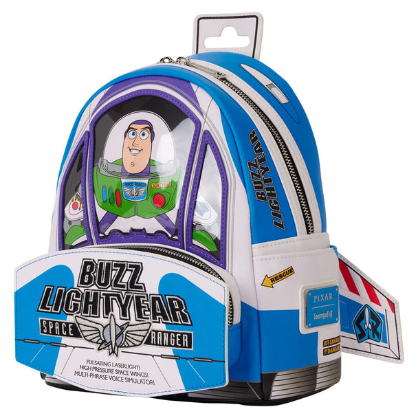 Sac à dos Loungefly Buzz Lightyear Toy Story 30e anniversaire vu de face avec détails lumineux et sonores