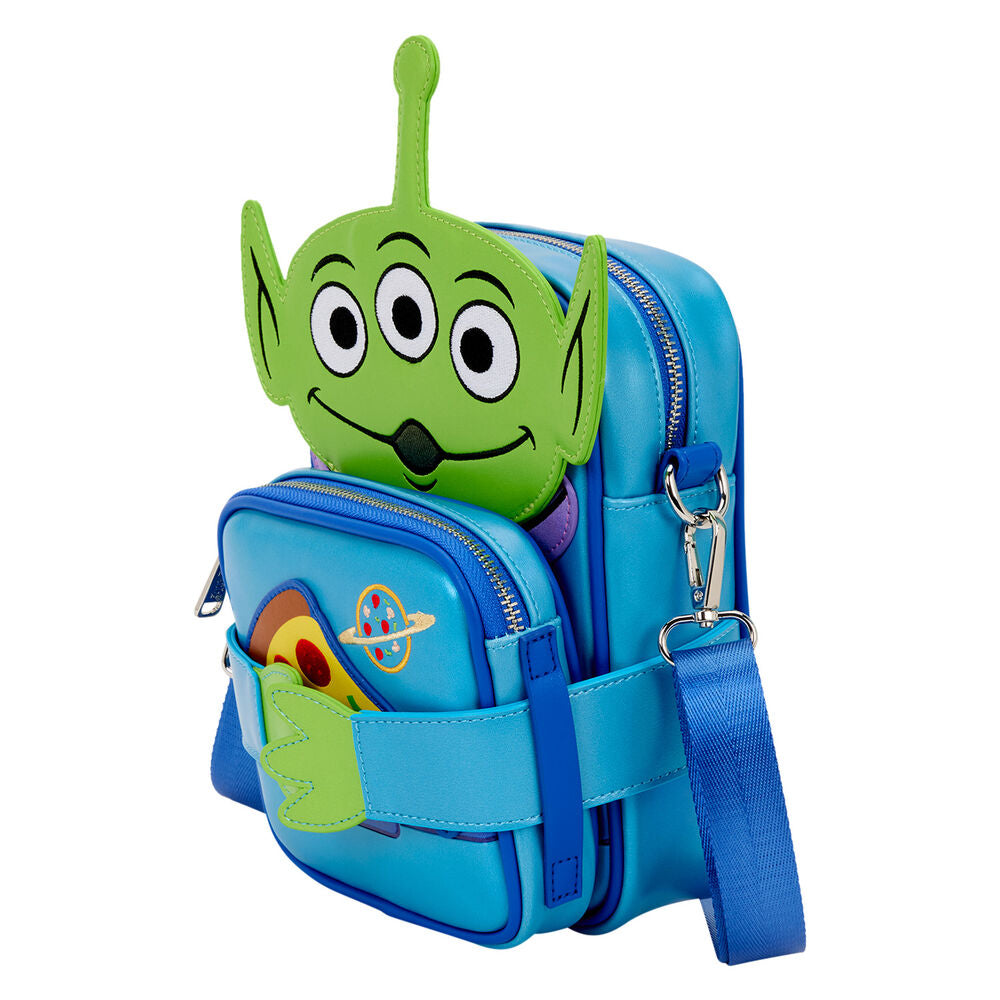 Détail des Aliens brodés et appliqués sur le sac Loungefly Toy Story 30e anniversaire