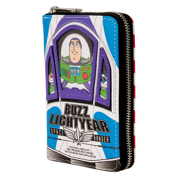 Vue de face du portefeuille Buzz Lightyear avec sangle bandoulière ajustable et design coloré Toy Story.