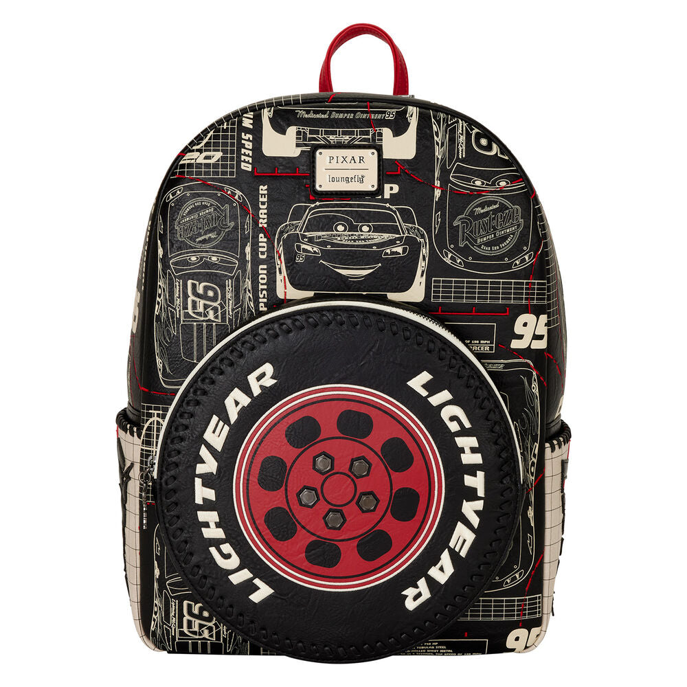 Vue avant du sac à dos Loungefly Disney Pixar Cars McQueen en simili cuir avec le personnage McQueen brodé