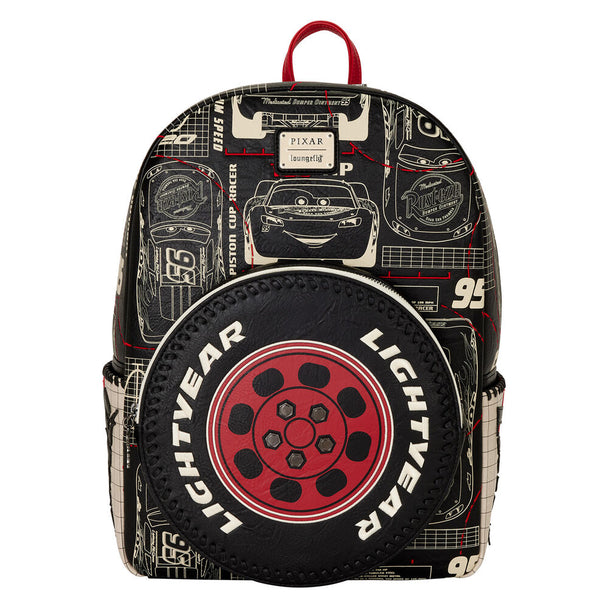 Vue avant du sac à dos Loungefly Disney Pixar Cars McQueen en simili cuir avec le personnage McQueen brodé